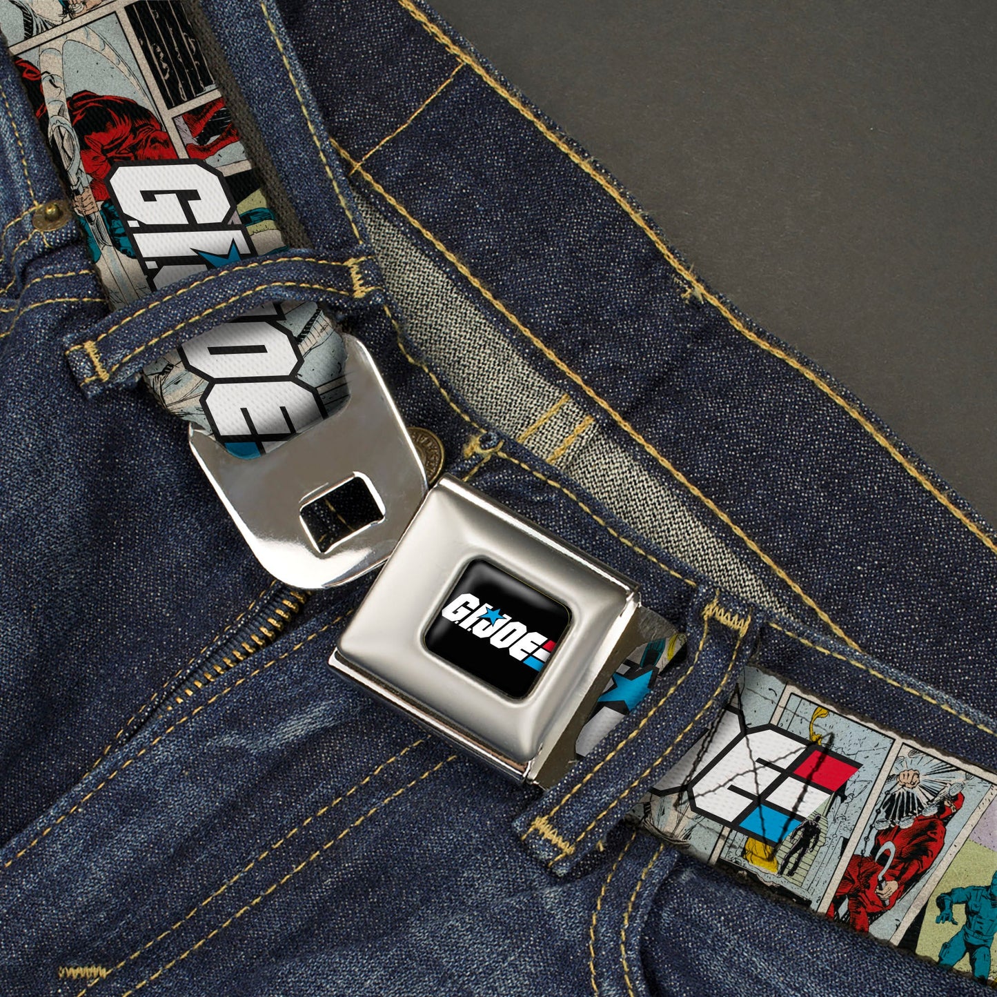 GI JOE Title Logo Stripe Full Color Black/Red/White/Blue Seatbelt Belt - GI JOE Title Logo and Comic Scene Blocks Webbing