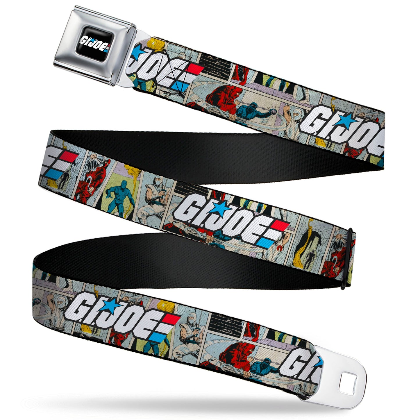 GI JOE Title Logo Stripe Full Color Black/Red/White/Blue Seatbelt Belt - GI JOE Title Logo and Comic Scene Blocks Webbing