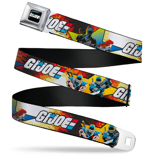 GI JOE Title Logo Stripe Full Color Black/Red/White/Blue Seatbelt Belt - GI JOE Storm Shadow Snake Eyes and Scarlett Comic Cover Poses Explosion Webbing