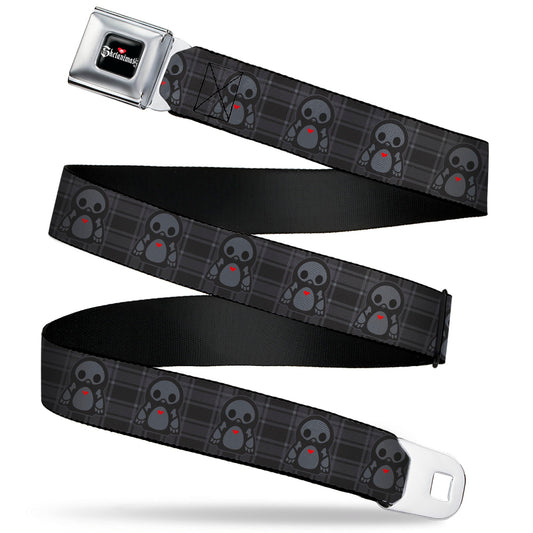 SKELANIMALS Title Logo Full Color Black/White/Red Seatbelt Belt - Skelanimals Pen the Penguin Pose Plaid Grays/Black Webbing