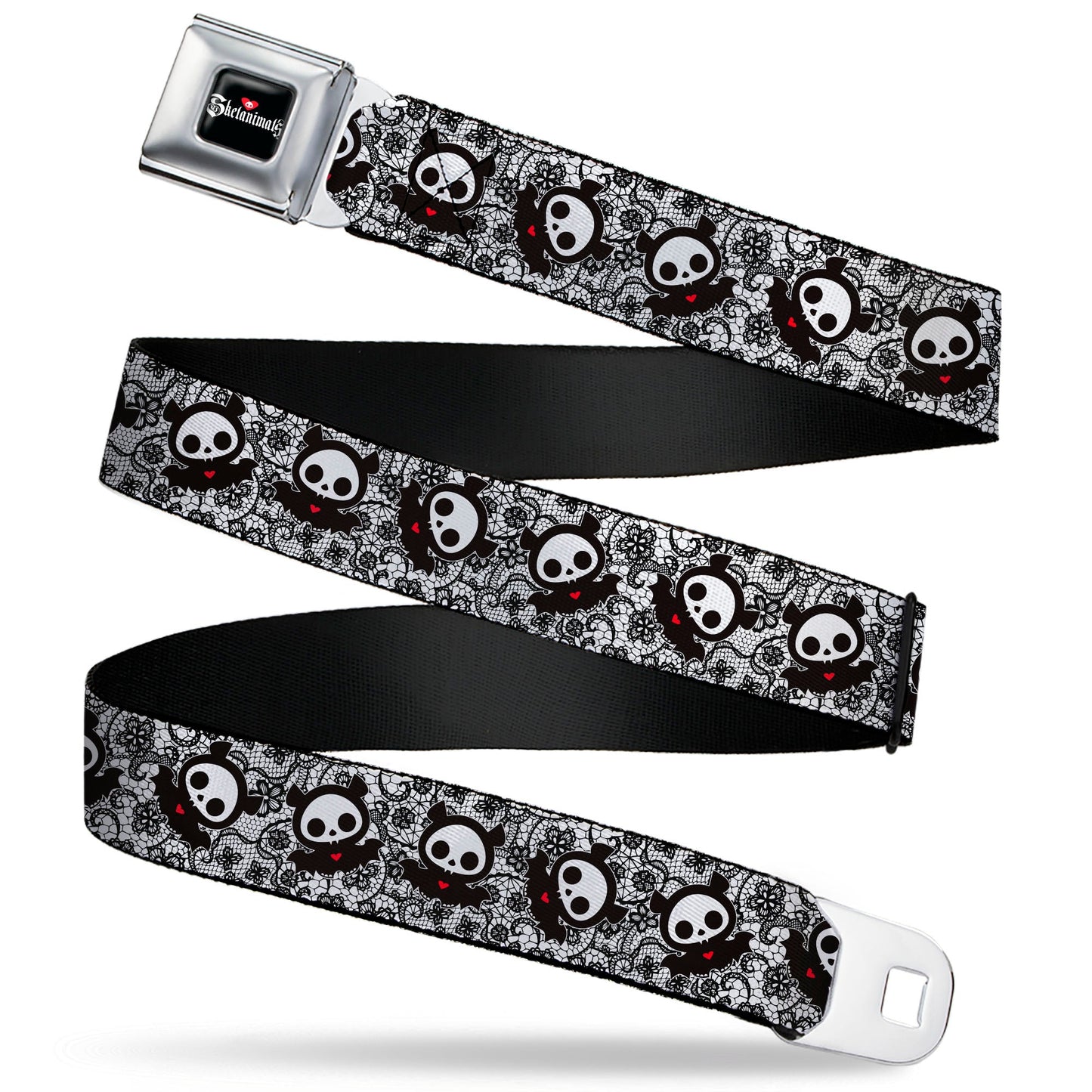 SKELANIMALS Title Logo Full Color Black/White/Red Seatbelt Belt - Skelanimals Diego the Bat Pose Lace Print White/Black Webbing