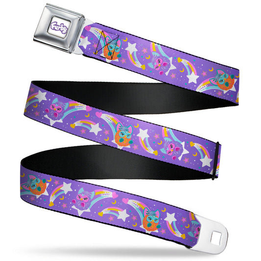 FURBY Title Logo Full Color White/Purple Seatbelt Belt - Furby Orange and Purple Jumping Rainbow Slide Black/Multi Color Webbing