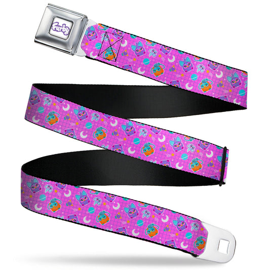 FURBY Title Logo Full Color White/Purple Seatbelt Belt - Furby and Furblets Galaxy Grid Collage Pink/Purple Webbing