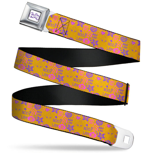 FURBY Title Logo Full Color White/Purple Seatbelt Belt - Furby Furbish Phrases and Icons Orange/Pink/Purple Webbing