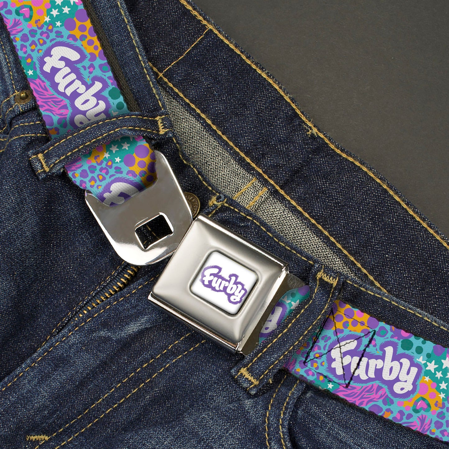 FURBY Title Logo Full Color White/Purple Seatbelt Belt - FURBY Title Logo and Fur Prints Collage Multi Color/White Webbing