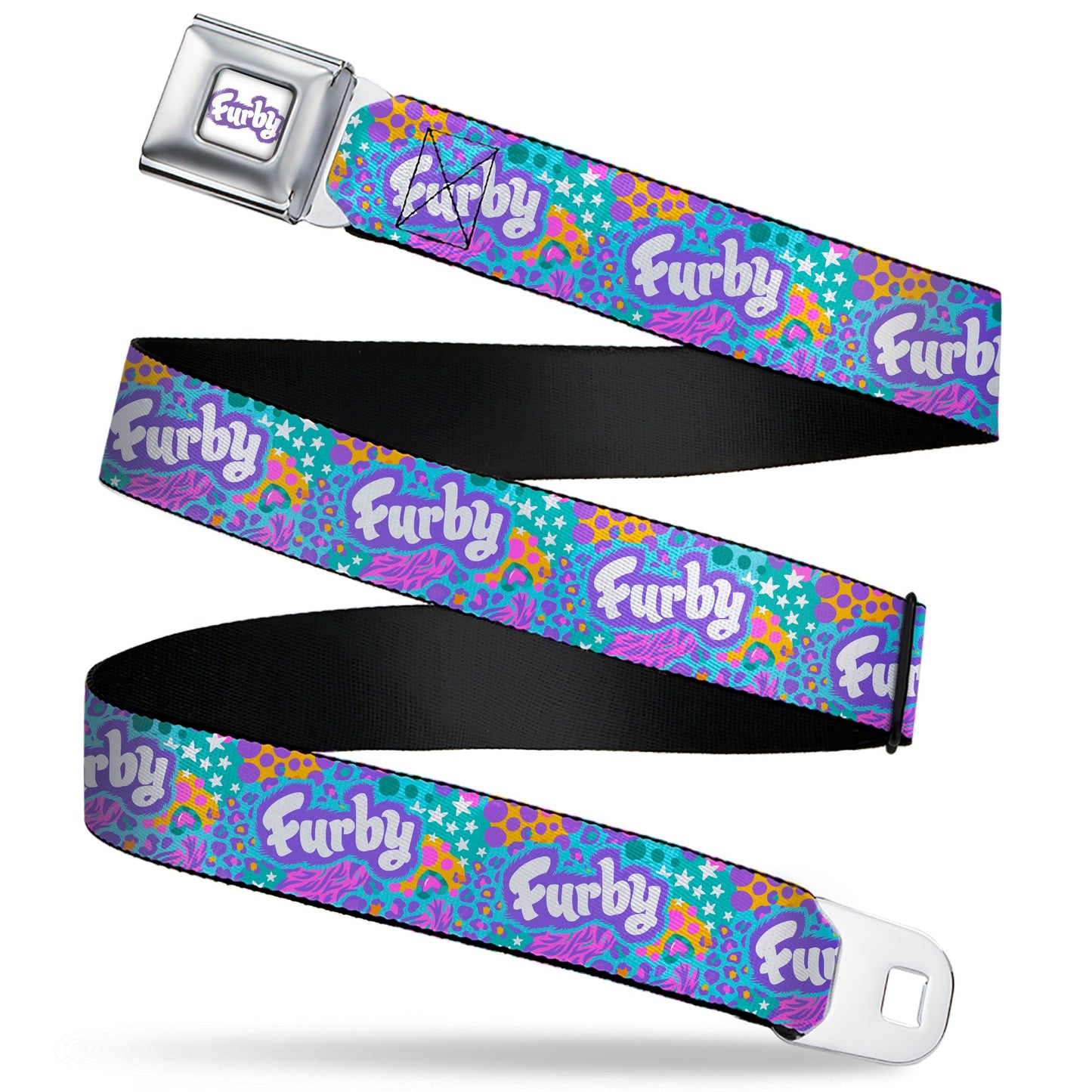 FURBY Title Logo Full Color White/Purple Seatbelt Belt - FURBY Title Logo and Fur Prints Collage Multi Color/White Webbing