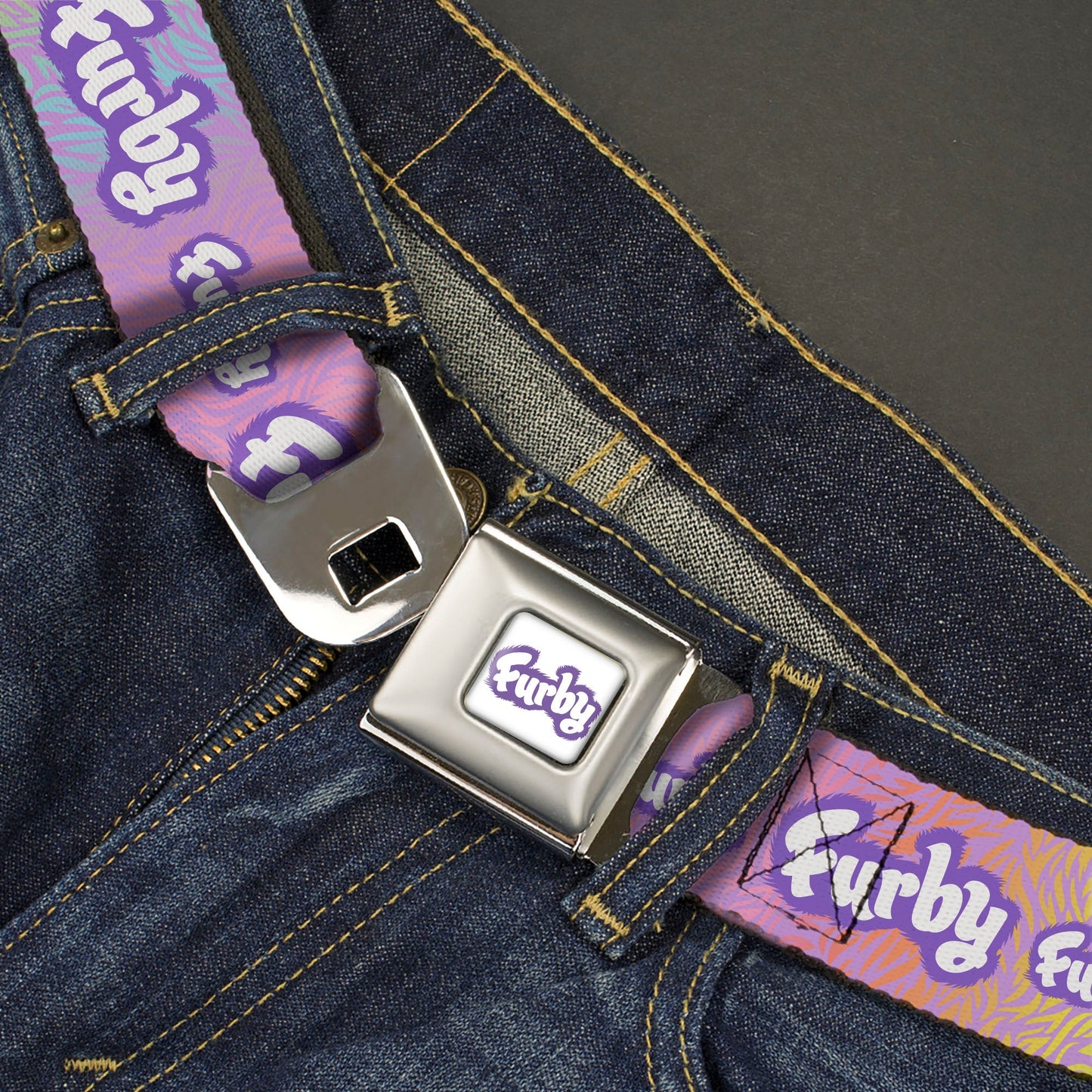 FURBY Title Logo Full Color White/Purple Seatbelt Belt - FURBY Title Logo Fur Print White/Lavender/Purple Webbing