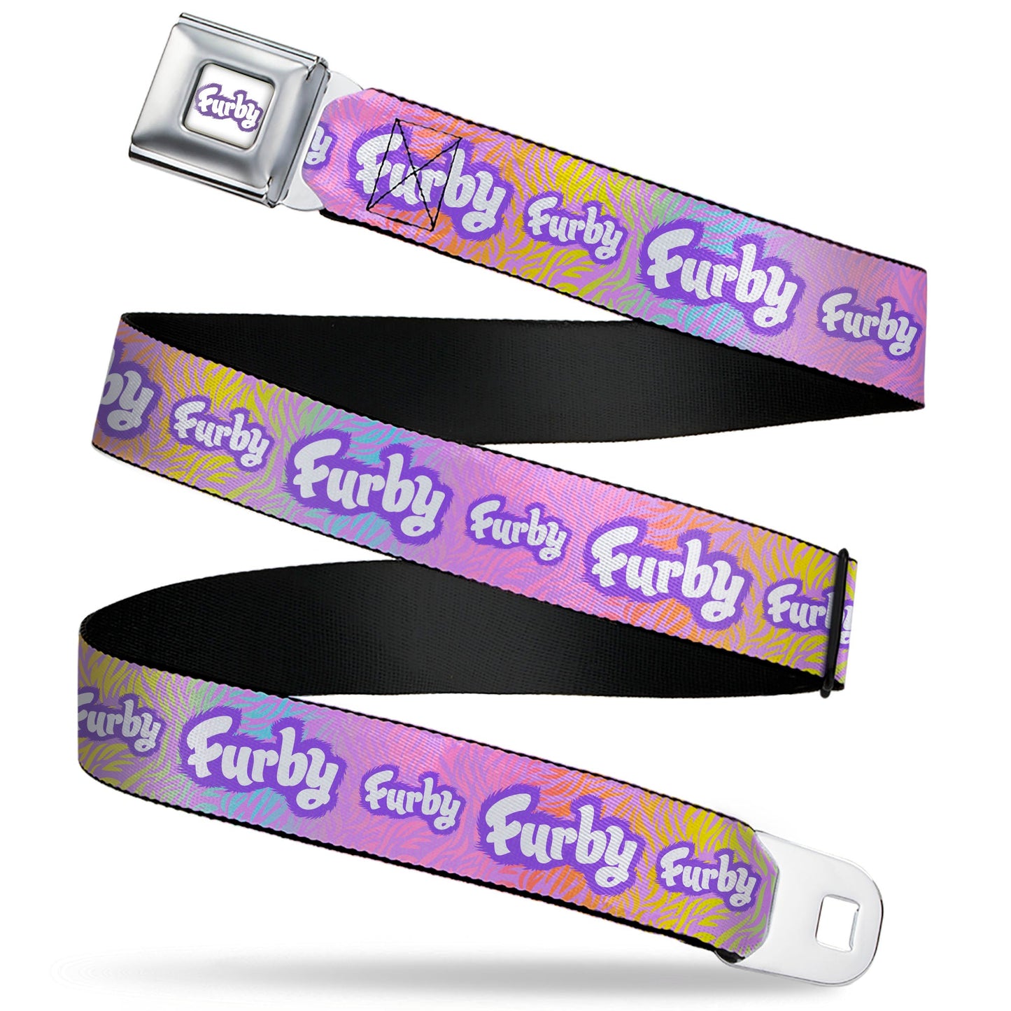FURBY Title Logo Full Color White/Purple Seatbelt Belt - FURBY Title Logo Fur Print White/Lavender/Purple Webbing