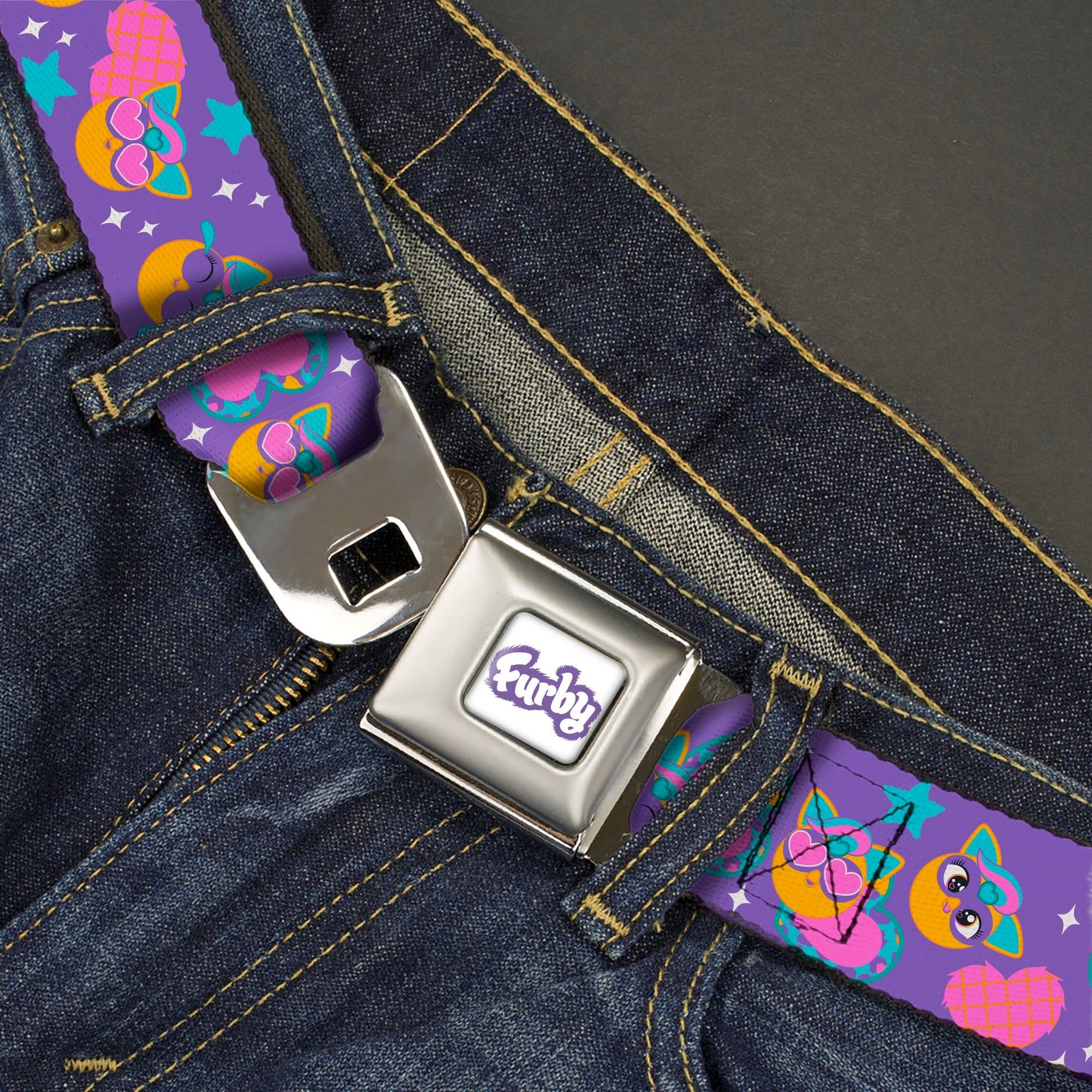 FURBY Title Logo Full Color White/Purple Seatbelt Belt - Fuby Furbmojis and Icons Collage Purple/Blues/Pinks Webbing