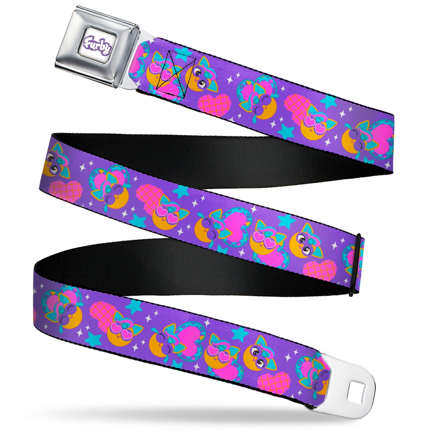 FURBY Title Logo Full Color White/Purple Seatbelt Belt - Fuby Furbmojis and Icons Collage Purple/Blues/Pinks Webbing