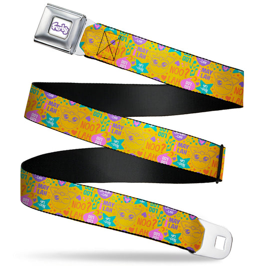 FURBY Title Logo Full Color White/Purple Seatbelt Belt - Furby Furbmoji and Furbish Phrases and Icons Orange/Pink/Purple Webbing