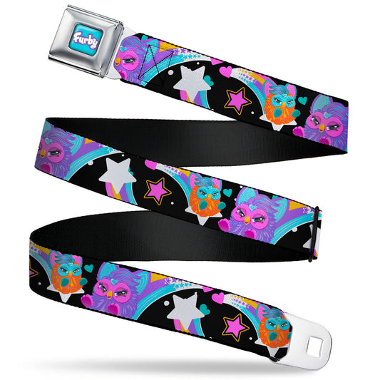 FURBY Title Logo Full Color Teal/Lavender/White Seatbelt Belt - Furby Orange and Purple Jumping Rainbow Slide Black/Multi Color Webbing