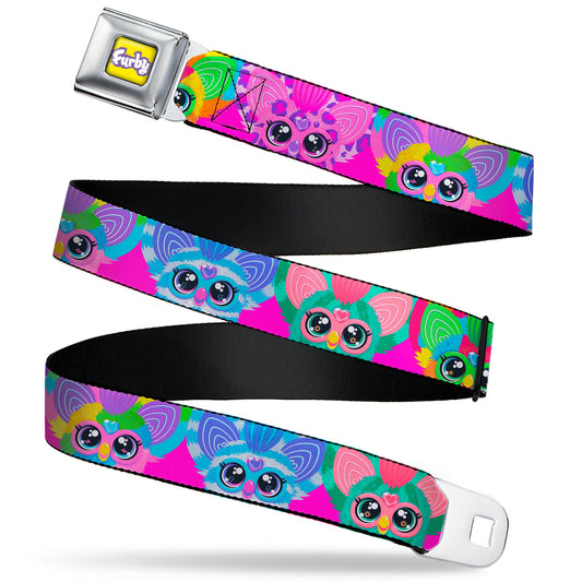 FURBY Title Logo Full Color Yellow/Lavender/White Seatbelt Belt - Furby Furblets Faces Close-Up Pink/Multi Color Webbing