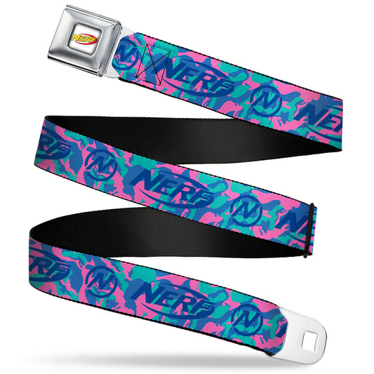 NERF Logo Full Color White/Red/Yellow Seatbelt Belt - NERF Logo and Icon Camo Blues/Pinks Webbing