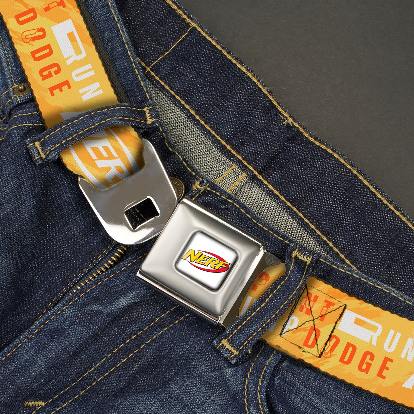 NERF Logo Full Color White/Red/Yellow Seatbelt Belt - NERF Action Verbiage Collage Yellows/Orange/White Webbing