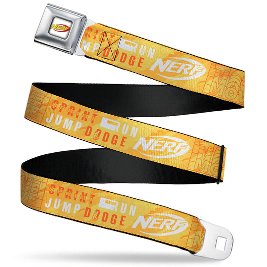 NERF Logo Full Color White/Red/Yellow Seatbelt Belt - NERF Action Verbiage Collage Yellows/Orange/White Webbing