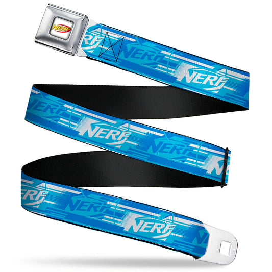NERF Logo Full Color White/Red/Yellow Seatbelt Belt - NERF Logo Streaks Blues/White Webbing