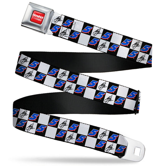HENDRICK MOTORSPORTS Checker Logo Full Color Red/White Seatbelt Belt - Kyle Larson Autograph and #5 Checker Logo Black/White/Blue/Red Webbing