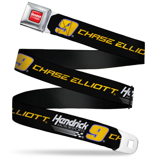 HENDRICK MOTORSPORTS Checker Logo Full Color Red/White Seatbelt Belt - CHASE ELLIOTT #9 Hendrick Motorsports Racing Logo Black/White/Blue/Yellow Webbing