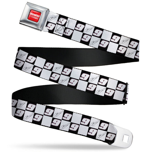 HENDRICK MOTORSPORTS Checker Logo Full Color Red/White Seatbelt Belt - Chase Elliott Autograph and #9 Checker Logo Black/White/Blue Webbing