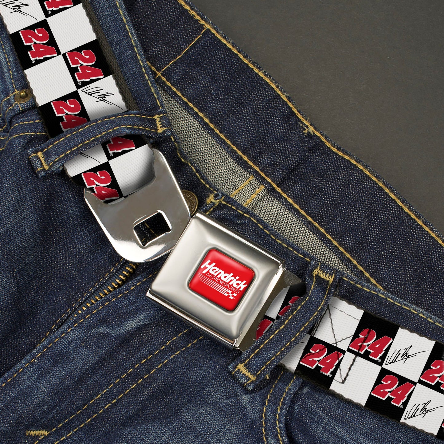 HENDRICK MOTORSPORTS Checker Logo Full Color Red/White Seatbelt Belt - William Byron Autograph and #24 Checker Logo Black/White/Red Webbing