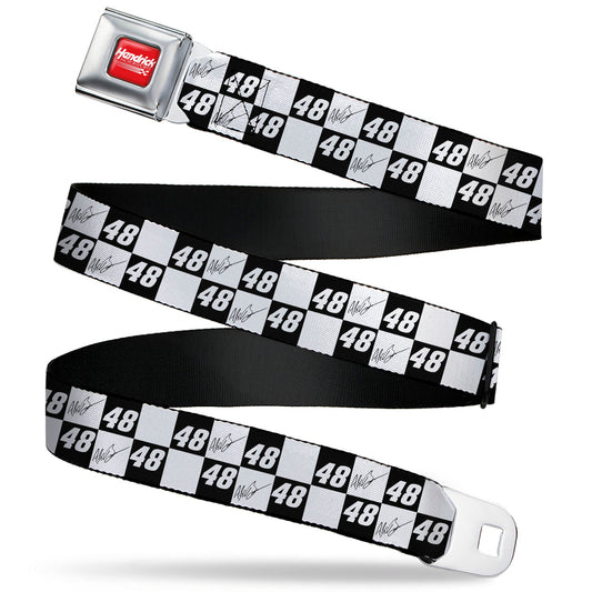 HENDRICK MOTORSPORTS Checker Logo Full Color Red/White Seatbelt Belt - Alex Bowman Autograph and #48 Checker Logo Black/White Webbing