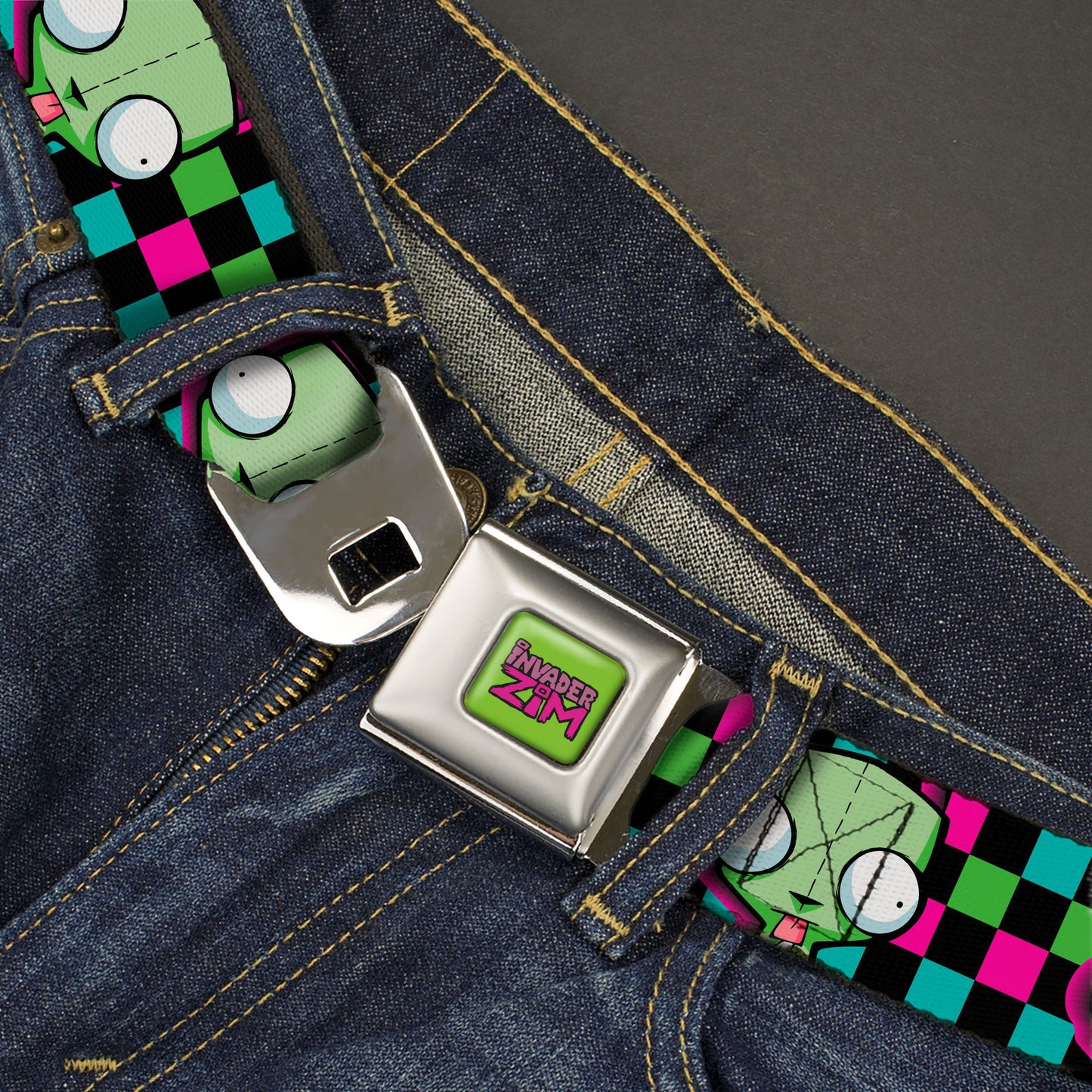 IVADER ZIM Title Logo Full Color Green/Pinks Seatbelt Belt - Invader Zim GIR Face Checker Black/Multi Neon Webbing