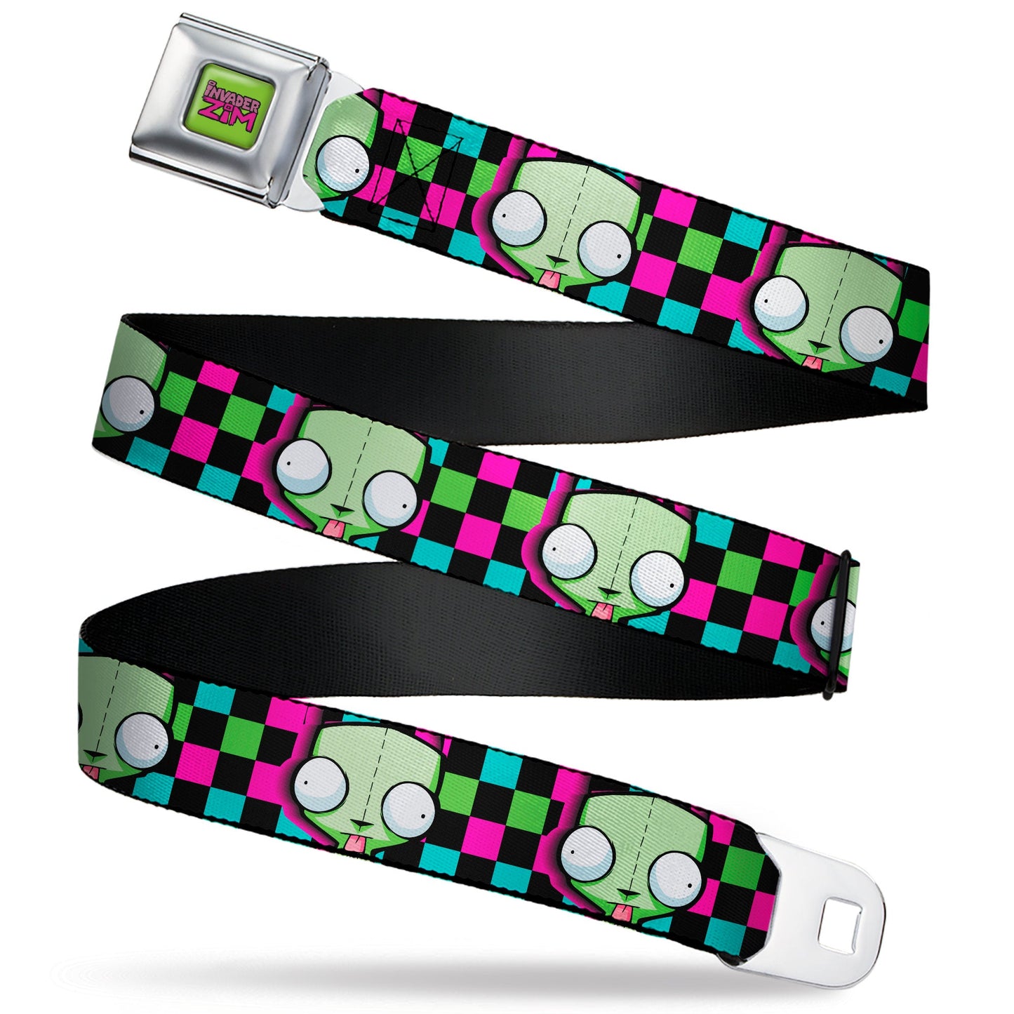 IVADER ZIM Title Logo Full Color Green/Pinks Seatbelt Belt - Invader Zim GIR Face Checker Black/Multi Neon Webbing