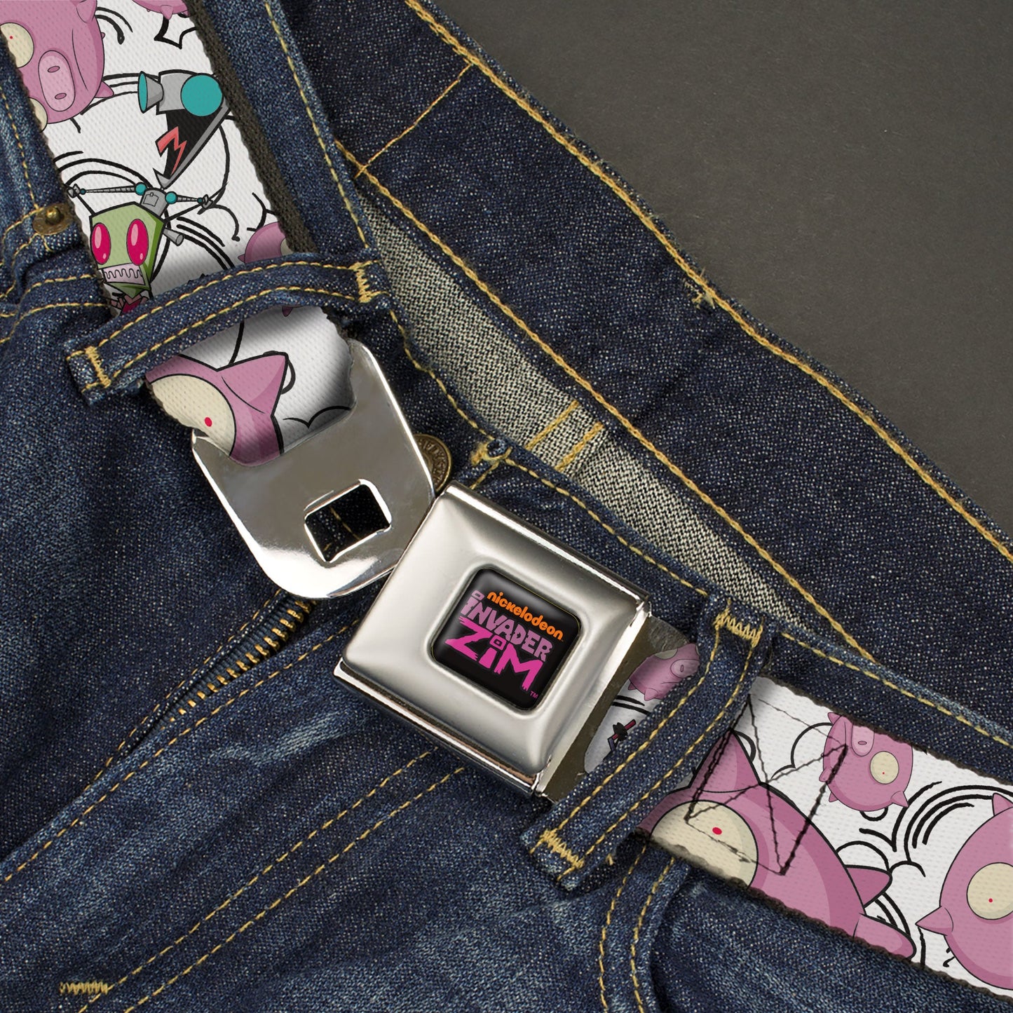INVADER ZIM Title Logo Full Color Pink/Green Seatbelt Belt - Invader Zim GIR and Piggy Doddles White/Black Webbing
