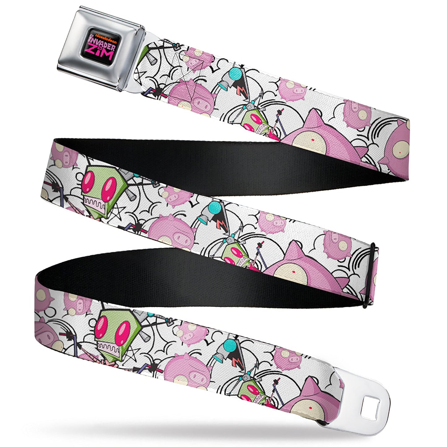 INVADER ZIM Title Logo Full Color Pink/Green Seatbelt Belt - Invader Zim GIR and Piggy Doddles White/Black Webbing