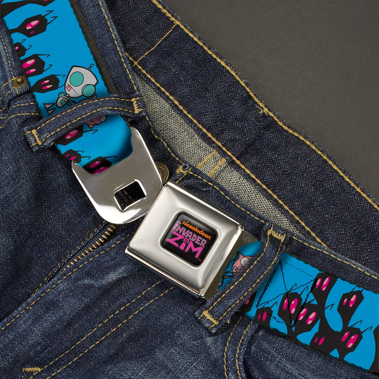 INVADER ZIM Title Logo Full Color Pink/Green Seatbelt Belt - Invader Zim GIR and Piggy Rule the World Poses Blue Webbing