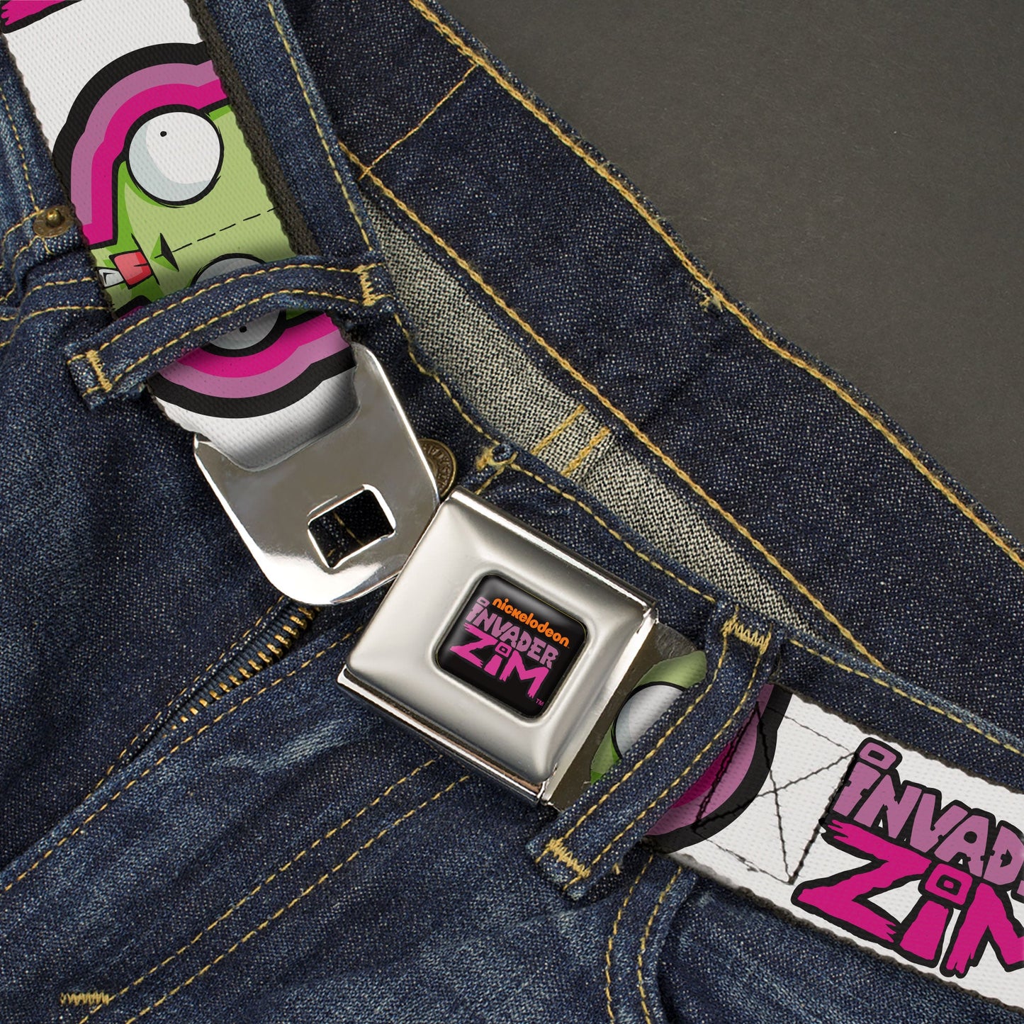 INVADER ZIM Title Logo Full Color Pink/Green Seatbelt Belt - INVADER ZIM Title Logo and GIR Pose Close-Up White/Pinks Webbing