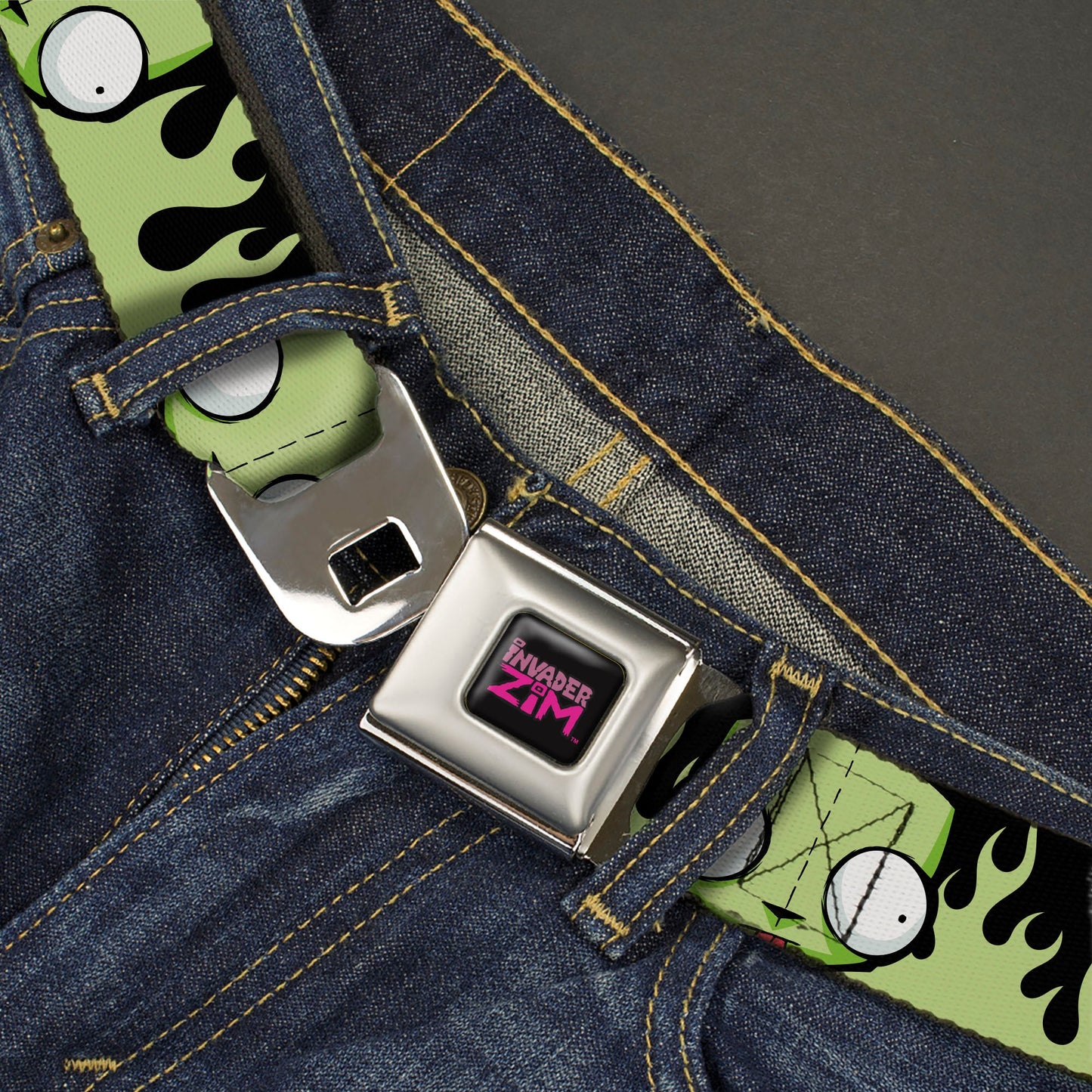 INVADER ZIM Title Logo Full Color Pink/Green Seatbelt Belt - Invader Zim GIR Face and Flames Black/Green Webbing
