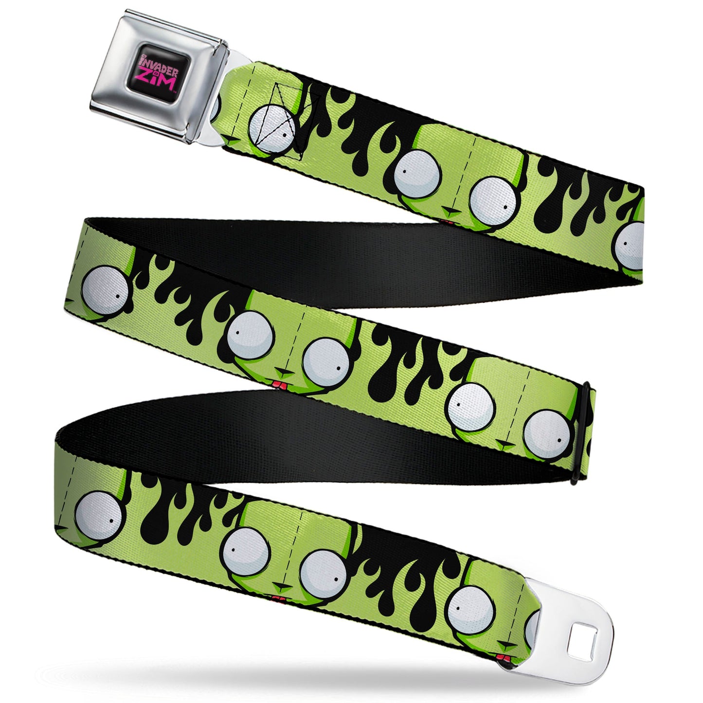 INVADER ZIM Title Logo Full Color Pink/Green Seatbelt Belt - Invader Zim GIR Face and Flames Black/Green Webbing