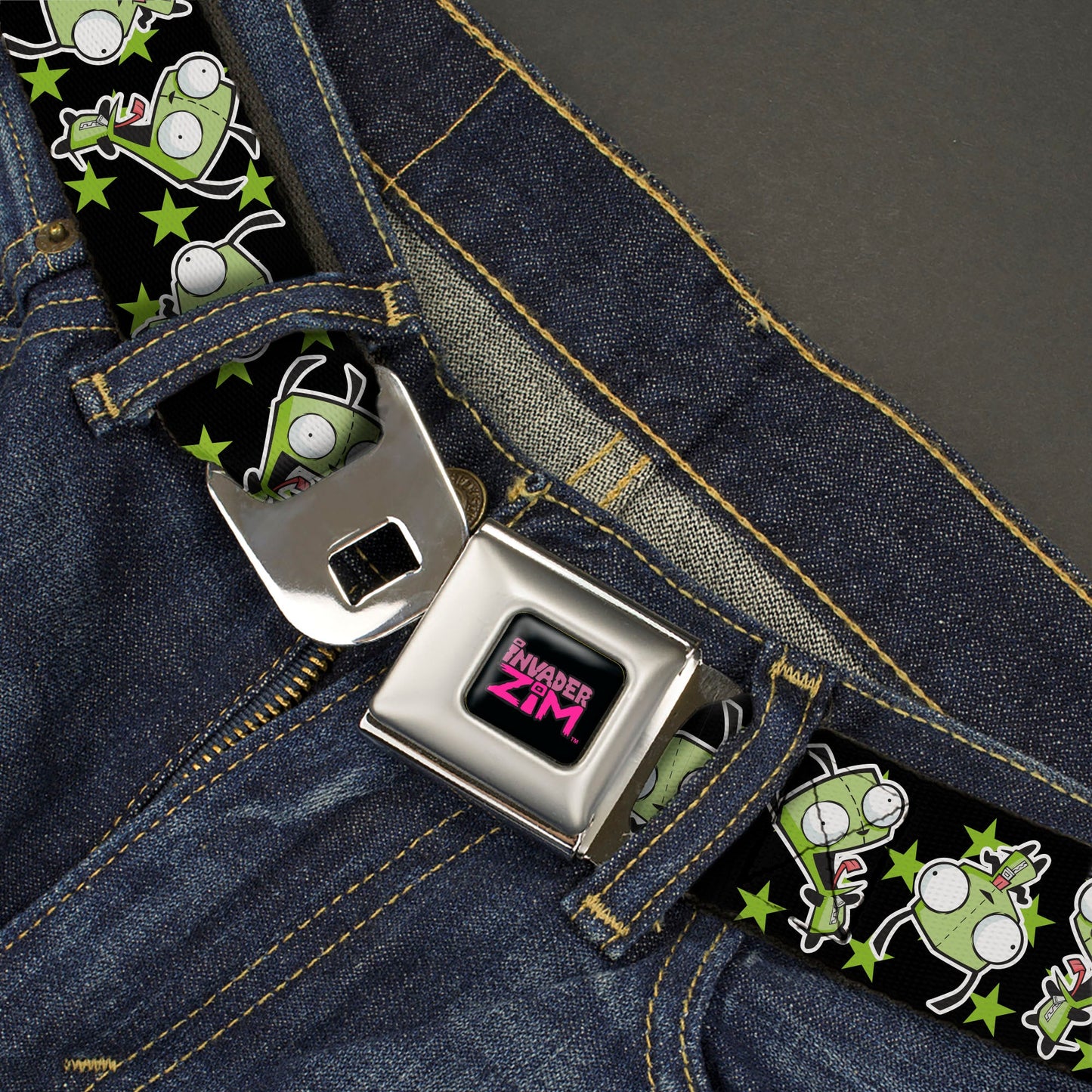 INVADER ZIM Title Logo Full Color Pink/Green Seatbelt Belt - Invader Zim GIR Poses and Stars Black/Green Webbing