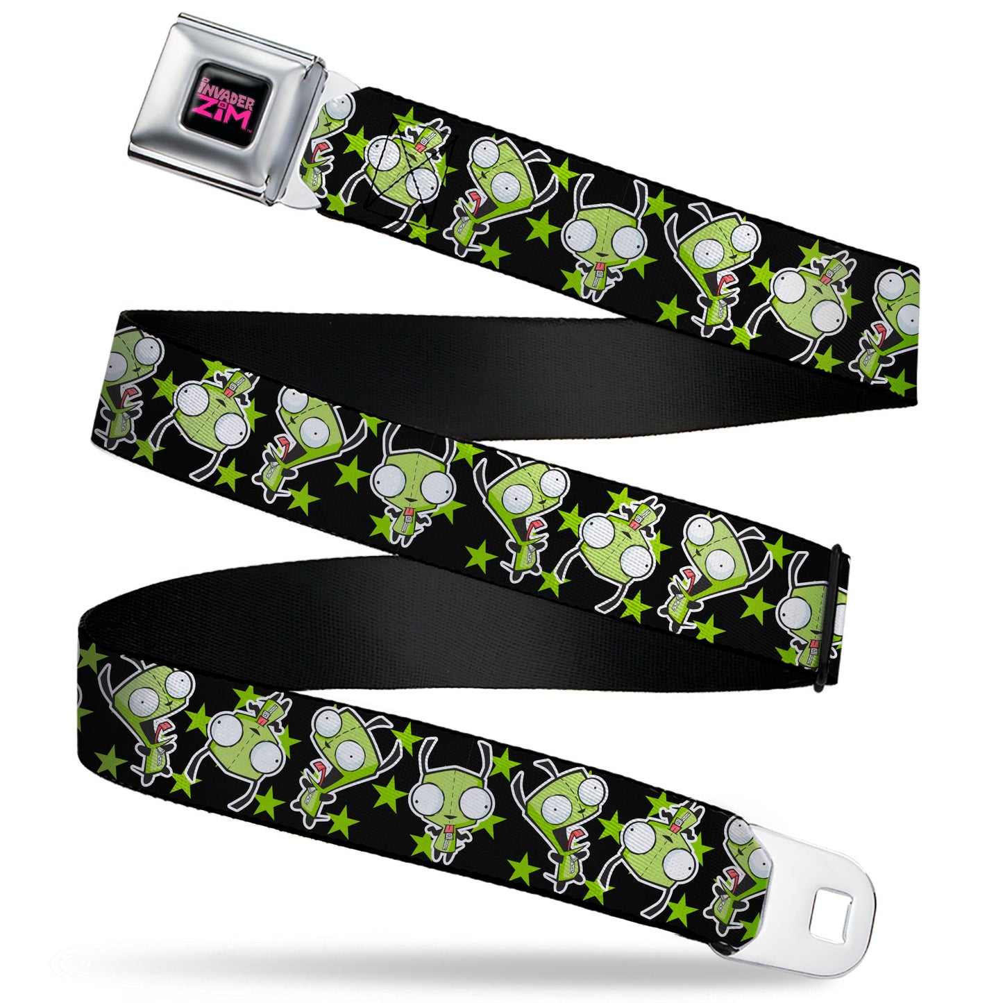 INVADER ZIM Title Logo Full Color Pink/Green Seatbelt Belt - Invader Zim GIR Poses and Stars Black/Green Webbing