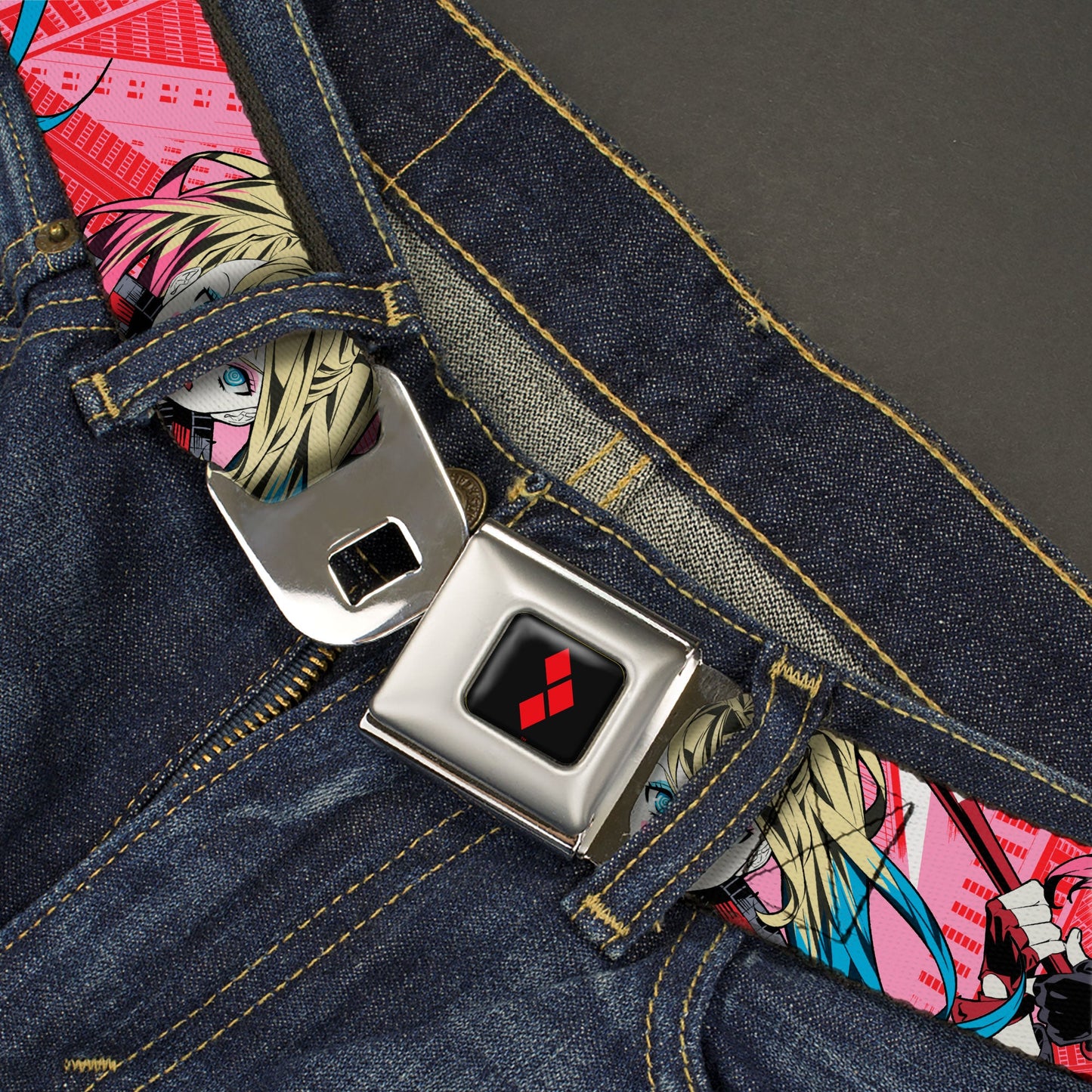Harley Quinn Diamon Full Color Black/Red Seatbelt Belt - Harley Quinn Puddin Poses Anime Graphics Pink/Red Webbing
