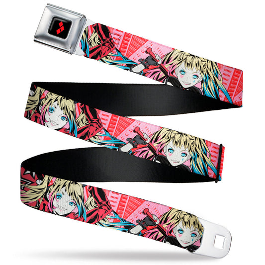Harley Quinn Diamon Full Color Black/Red Seatbelt Belt - Harley Quinn Puddin Poses Anime Graphics Pink/Red Webbing