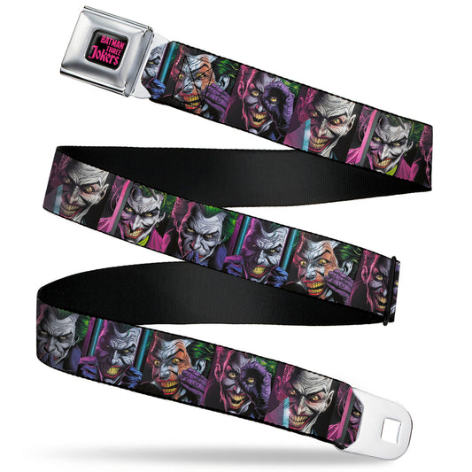 BATMAN THREE JOKERS Text Black/Purple Seatbelt Belt - Joker Comic Book Cover Face Blocks Webbing