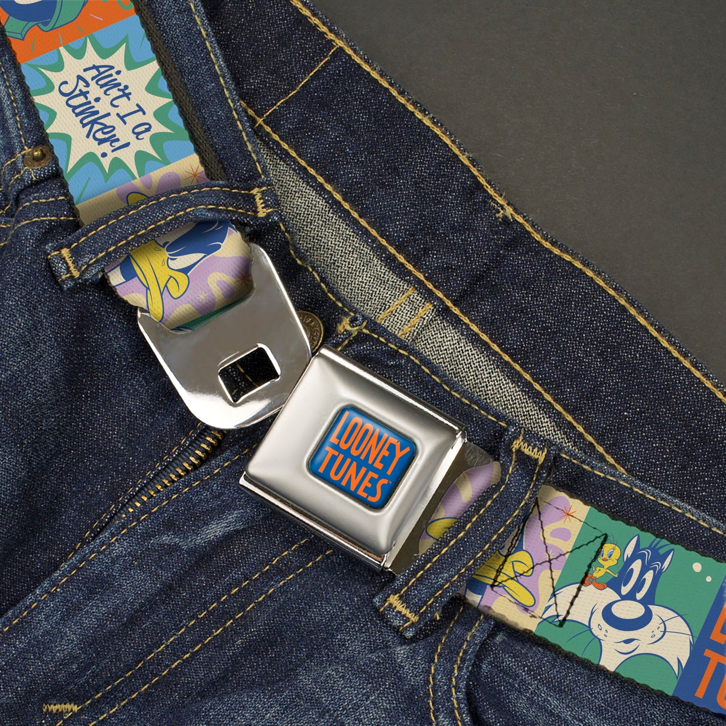 LOONEY TUNES Text Full Color Blue/Orange Seatbelt Belt - LOONEY TUNES Character Pose Block and Icon Blocks Multi Pastel Webbing