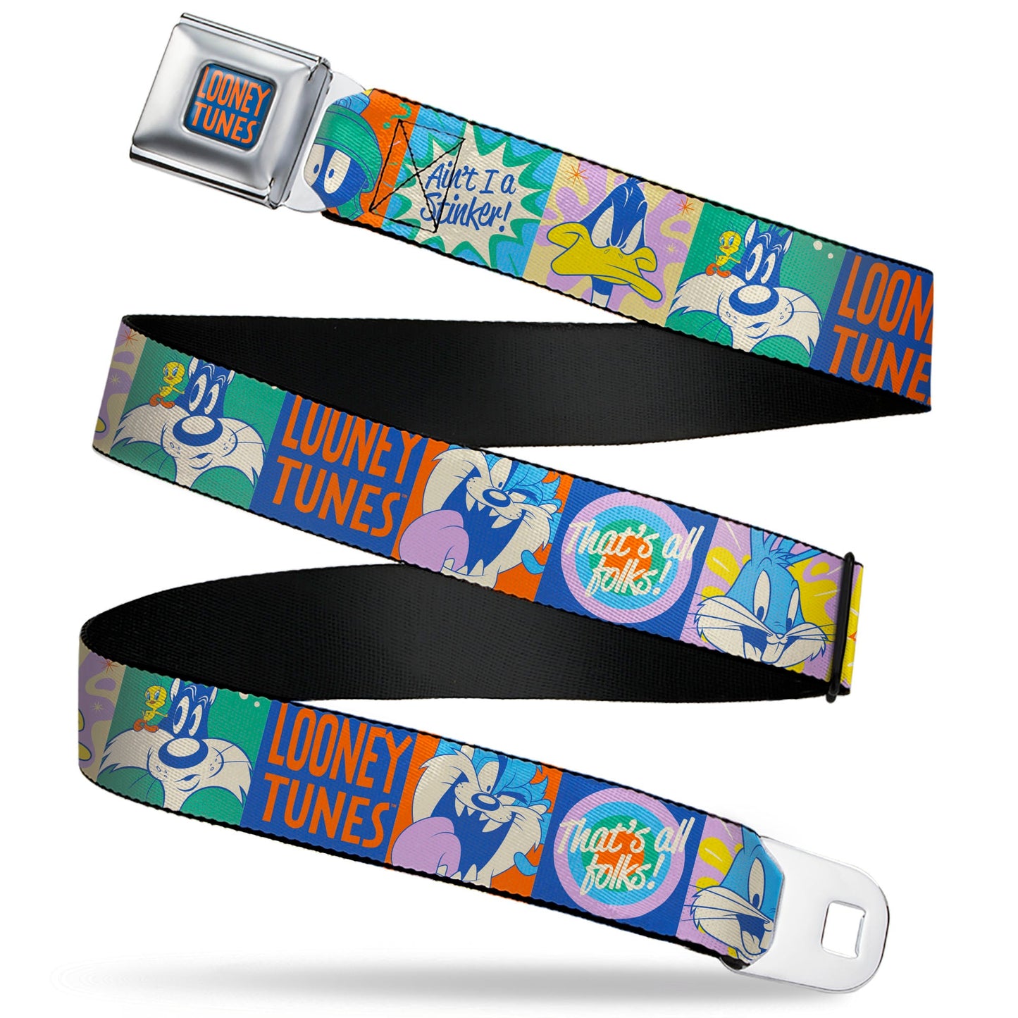 LOONEY TUNES Text Full Color Blue/Orange Seatbelt Belt - LOONEY TUNES Character Pose Block and Icon Blocks Multi Pastel Webbing
