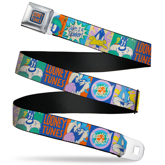 LOONEY TUNES Text Full Color Blue/Orange Seatbelt Belt - LOONEY TUNES Character Pose Block and Icon Blocks Multi Pastel Webbing