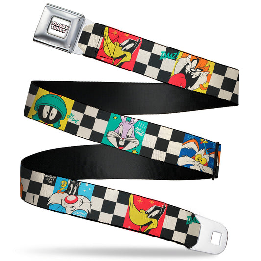 LOONEY TUNES Title Text Logo Full Color White/Black/Red Seatbelt Belt - Looney Tunes Checker Pose Blocks Black/White/Multi Color Webbing