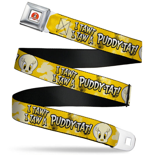 LOONEY TUNES Bullseye Title Logo Full Color White Seatbelt Belt - Looney Tunes Tweety I TAWT I TAW A PUDDY-TAT Expression Yellows Webbing