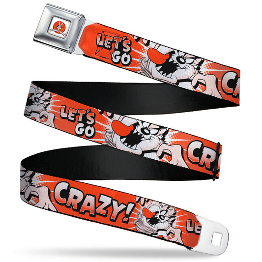 LOONEY TUNES Bullseye Title Logo Full Color White Seatbelt Belt - Looney Tunes Taz Tasmanian Devil LET'S GO CRAZY Pose Reds Webbing