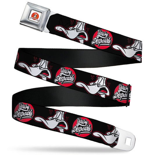 LOONEY TUNES Bullseye Title Logo Full Color White Seatbelt Belt - Looney Tunes Daffy Duck YOU'RE DESPICABLE Expression Black Webbing