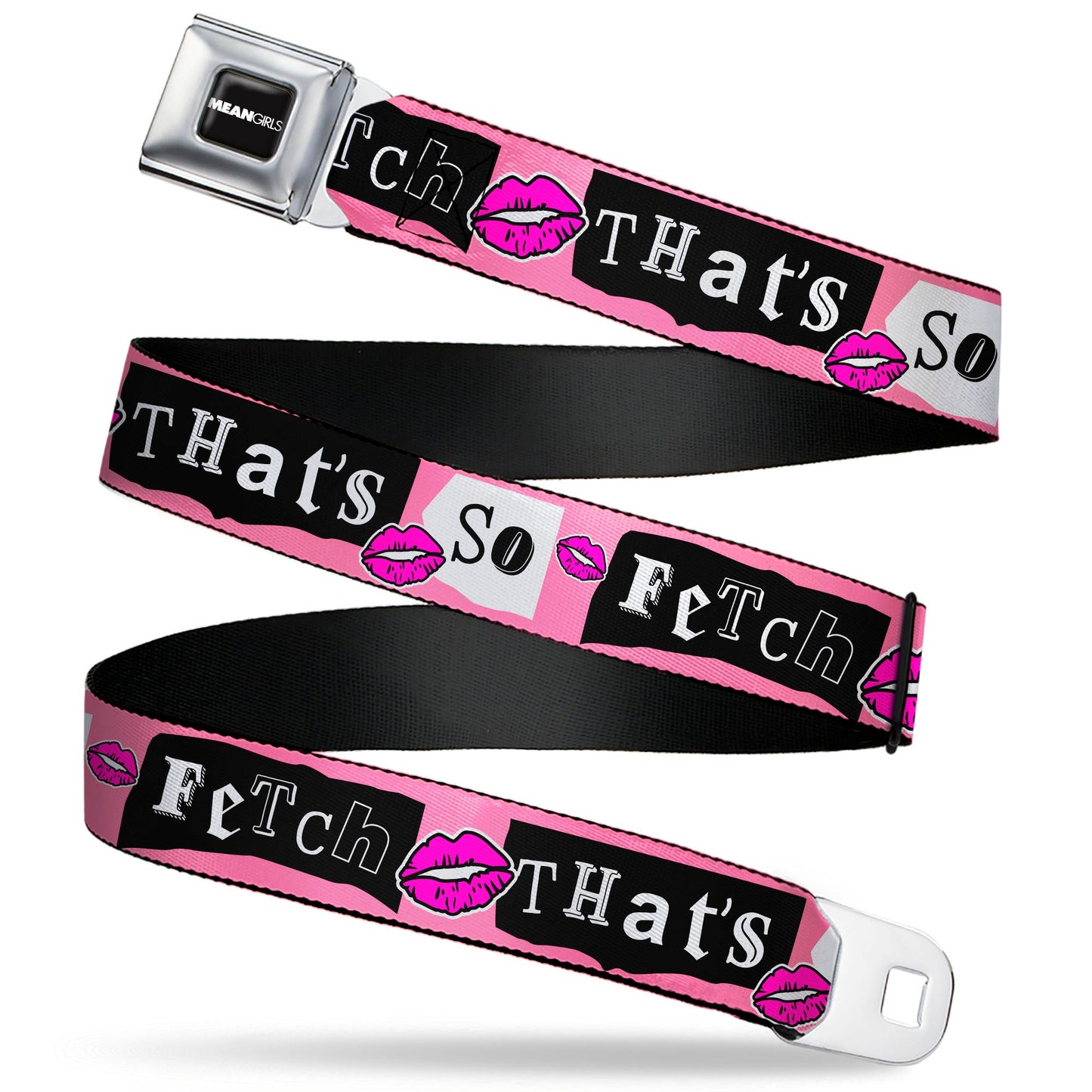 MEAN GIRLS Title Logo Full Color Black/White Seatbelt Belt - Mean Girls THAT'S SO FETCH Collage Pink/Black/White Webbing