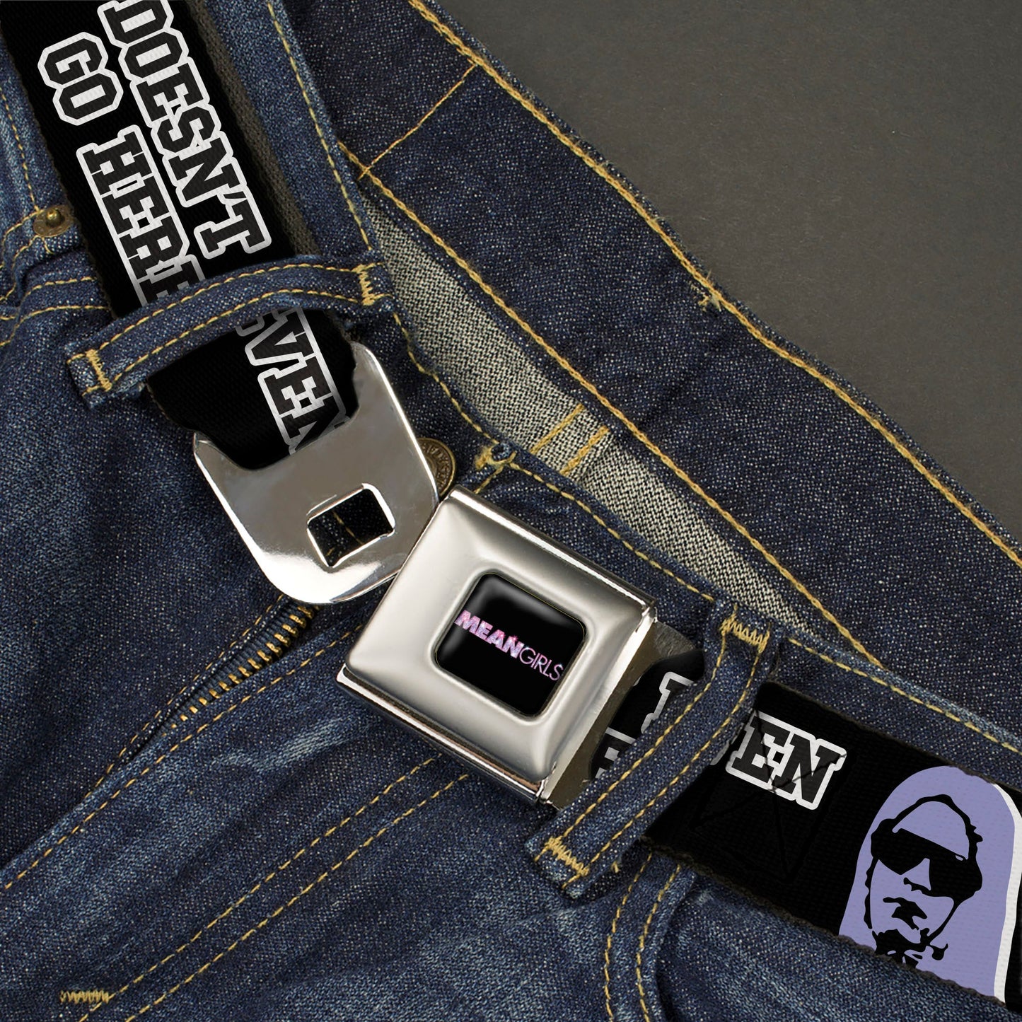 MEAN GIRLS Title Logo Full Color Black/White Seatbelt Belt - Mean Girls Damian SHE DOESN'T EVEN GO HERE Black/Purple Webbing
