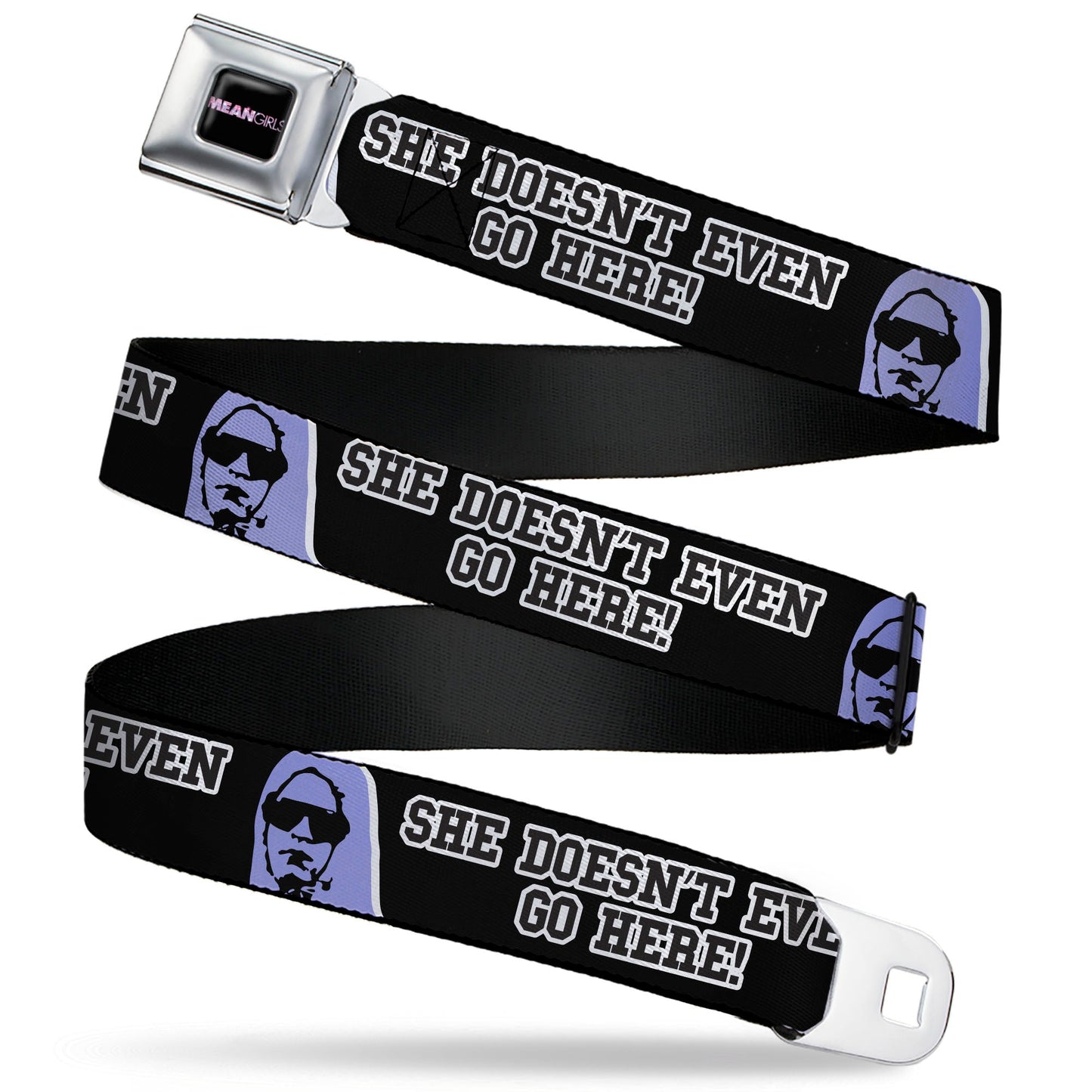 MEAN GIRLS Title Logo Full Color Black/White Seatbelt Belt - Mean Girls Damian SHE DOESN'T EVEN GO HERE Black/Purple Webbing