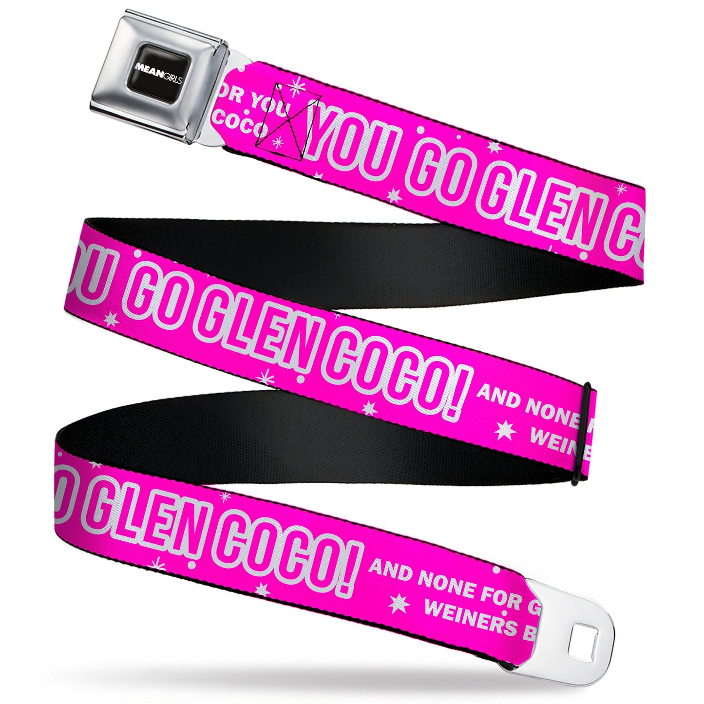 MEAN GIRLS Title Logo Full Color Black/White Seatbelt Belt - Mean Girls YOU GO GLEN COCO Pink/White Webbing